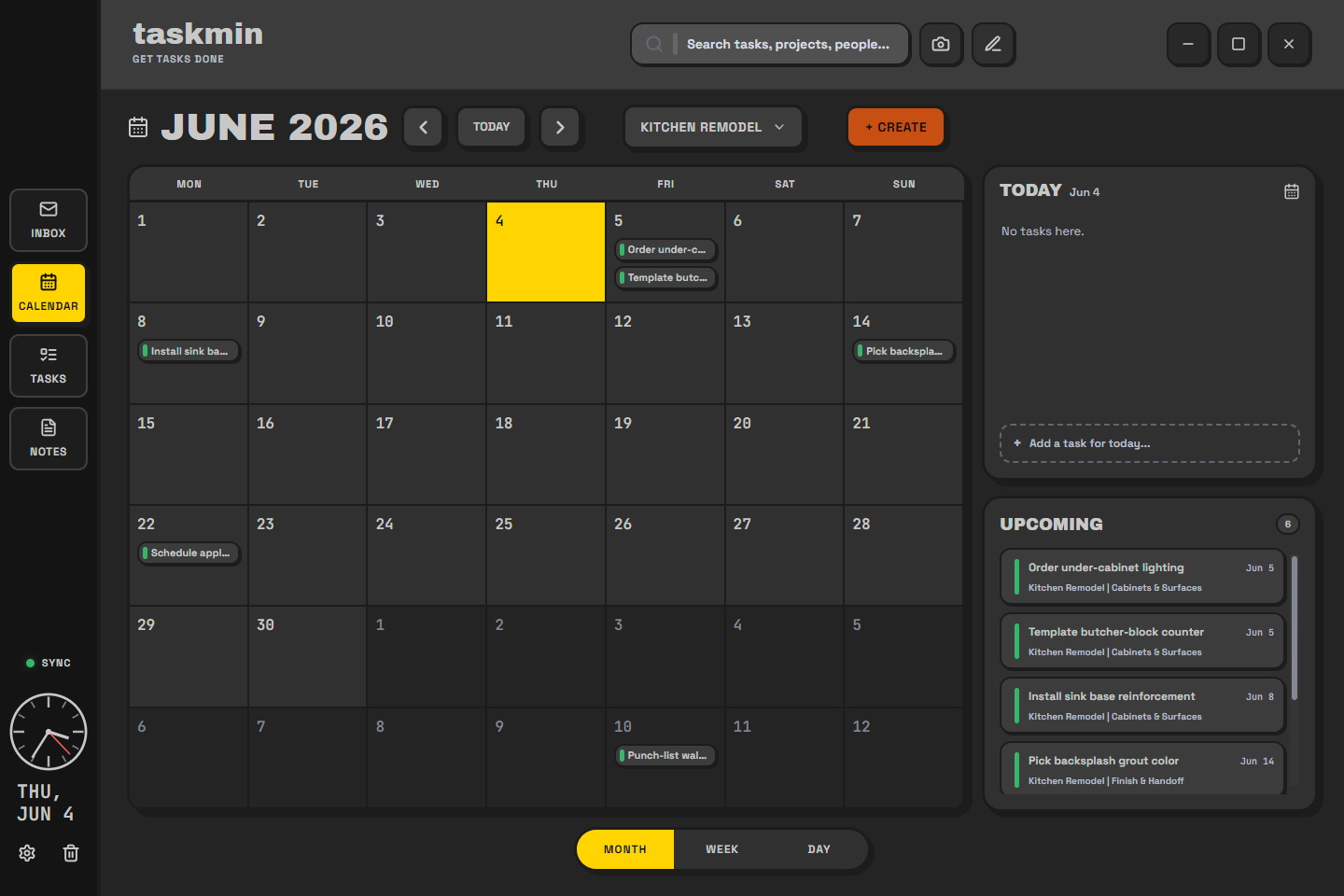 Taskmin calendar screenshot from the Bob sample profile