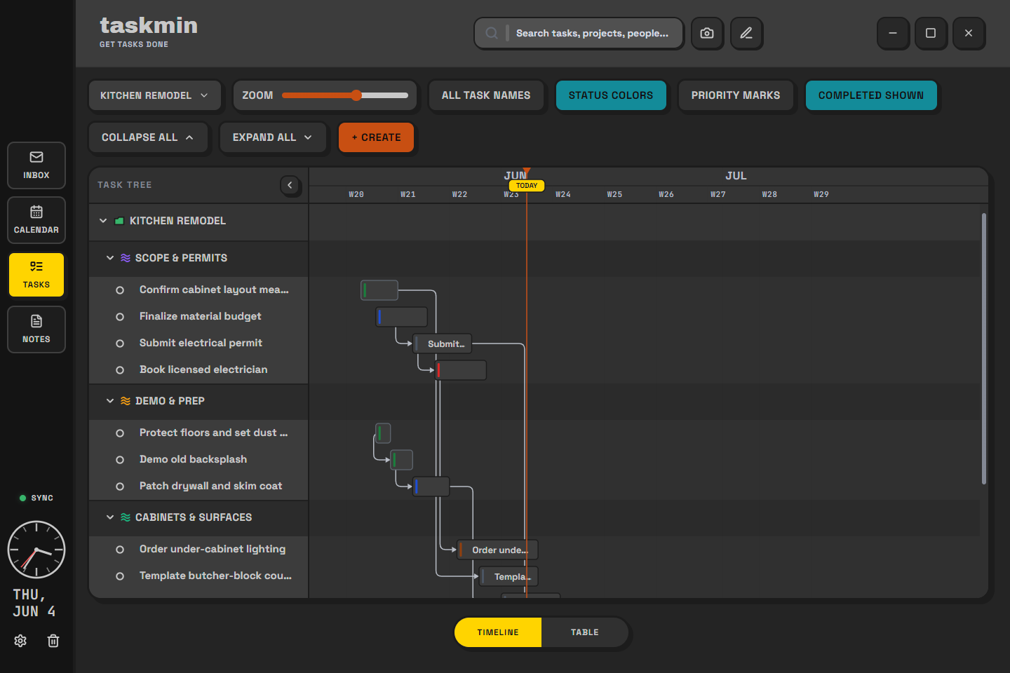 Taskmin dark gothic theme timeline screenshot