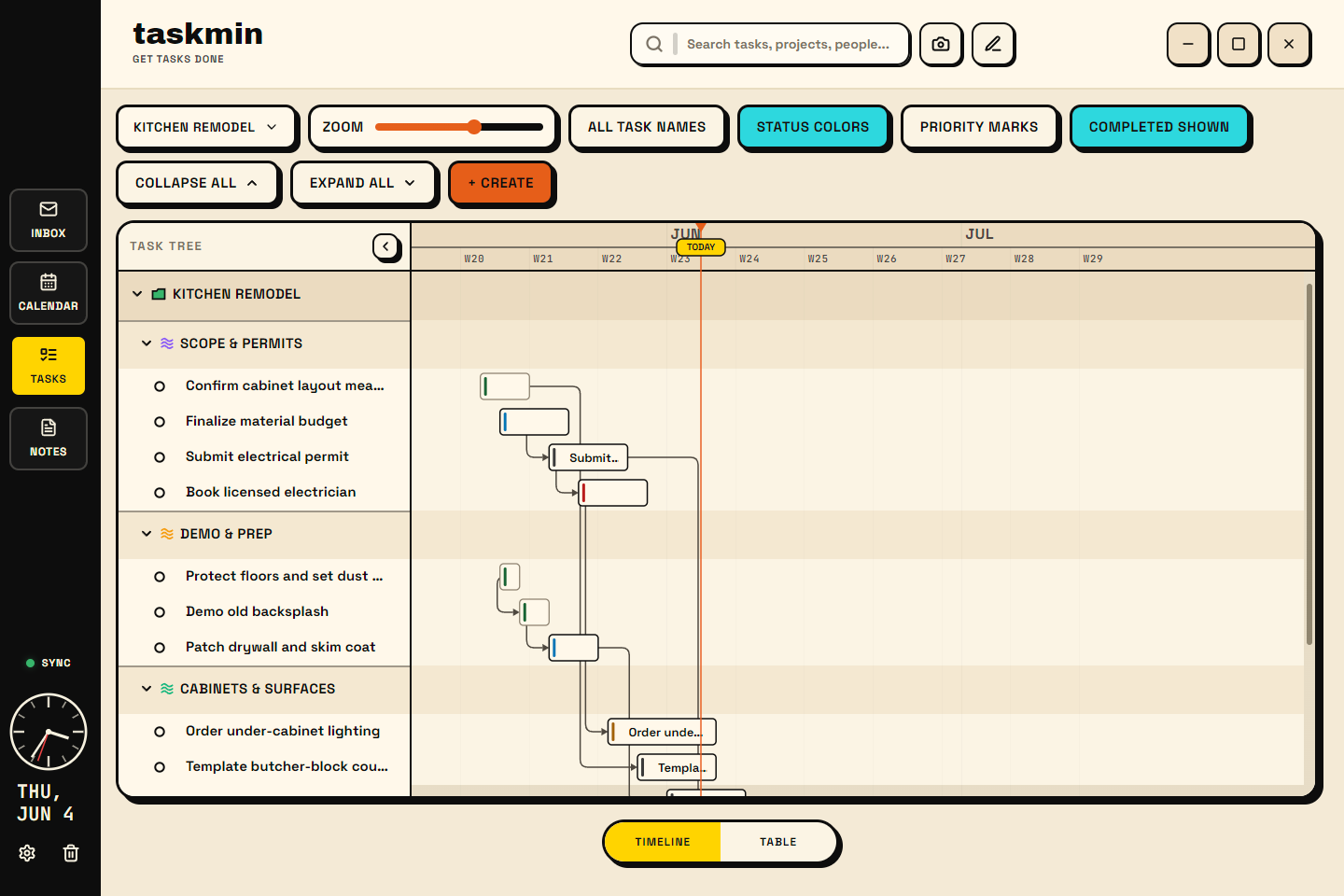 Taskmin light theme timeline screenshot